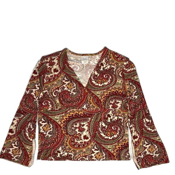 Vtg FIORLINI INTL Blouse Paisley Split Bell Sleeves V-Neck Y2K Womens L Red Tan - Picture 2 of 7